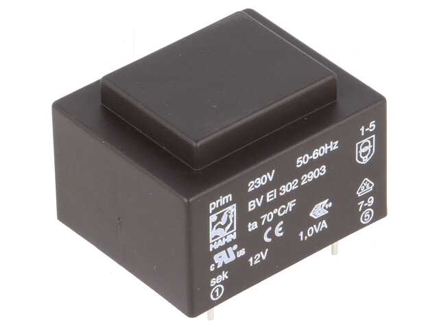 Transformator: ingegoten; 1VA; 230VAC; 12V; 83mA; PCB; BVEI Transformator: ingegoten; 1VA; 230VAC; 12V; 83mA; PCB; BVEI